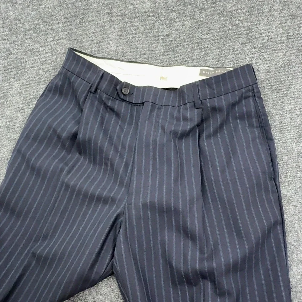 Oscar de la Renta Pants Mens 32 Navy Blue Wool Pinstripe Pleated Cuffed Classic